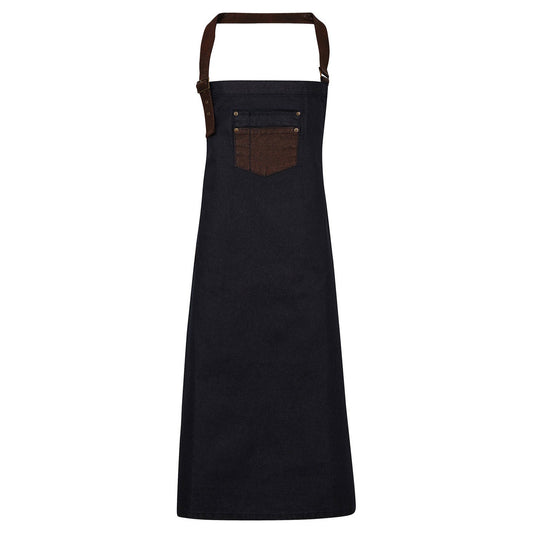 Division waxed-look denim bib apron with faux leather