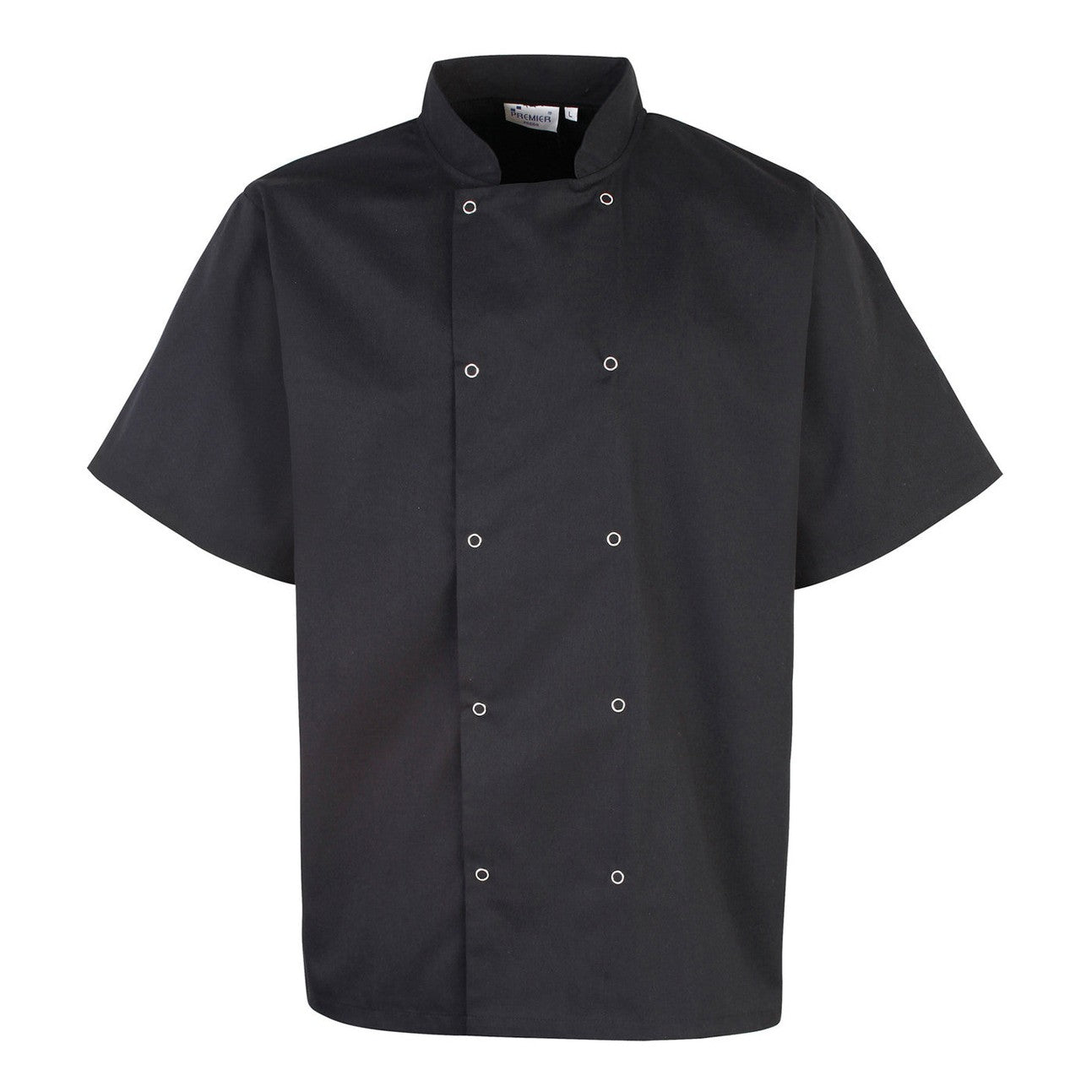 Studded front short sleeve chef's jacket