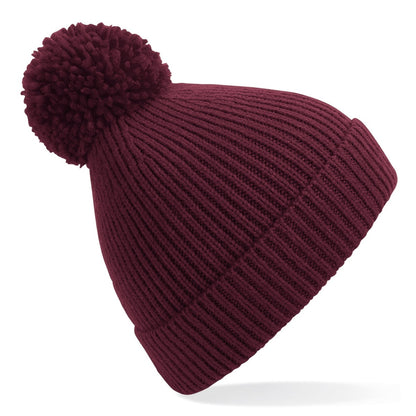 Engineered knit ribbed pom pom beanie