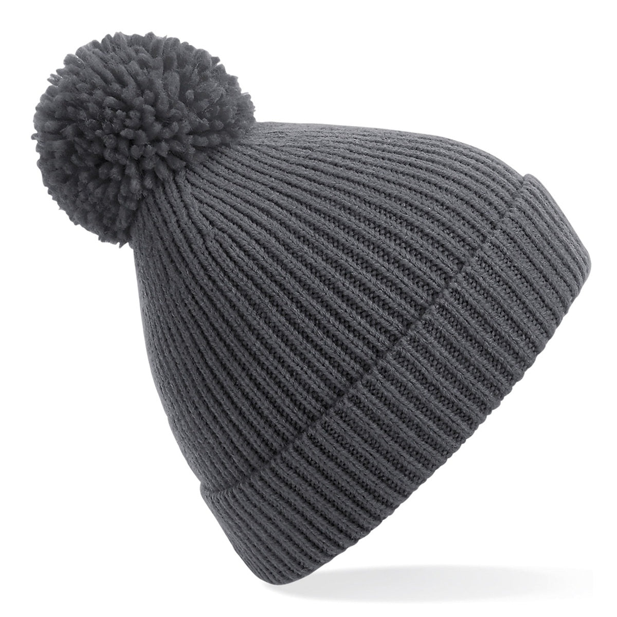 Engineered knit ribbed pom pom beanie