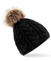 Fur pop pom cable beanie